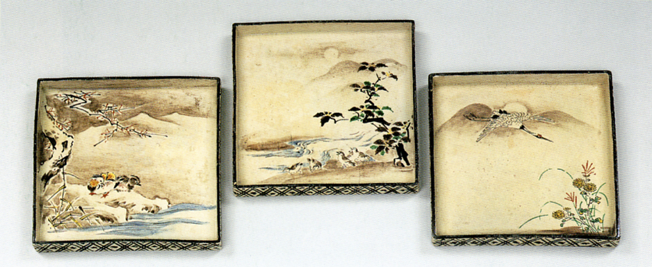 Set of Twelve Square Dishes with a design of seasonal motifs, each with a poem on the reverse side images