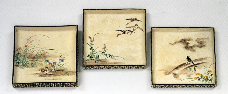 Set of Twelve Square Dishes with a design of seasonal motifs, each with a poem on the reverse side images